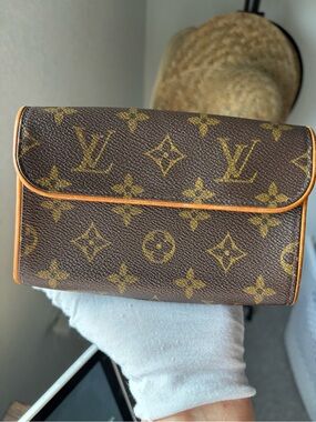Louis Vuitton Brown Monogram Canvas Clutch with Tan Trim